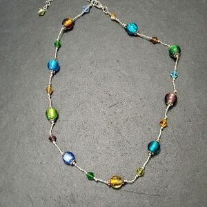 Glass beaded necklace blue yellow green purple 16-19.5"